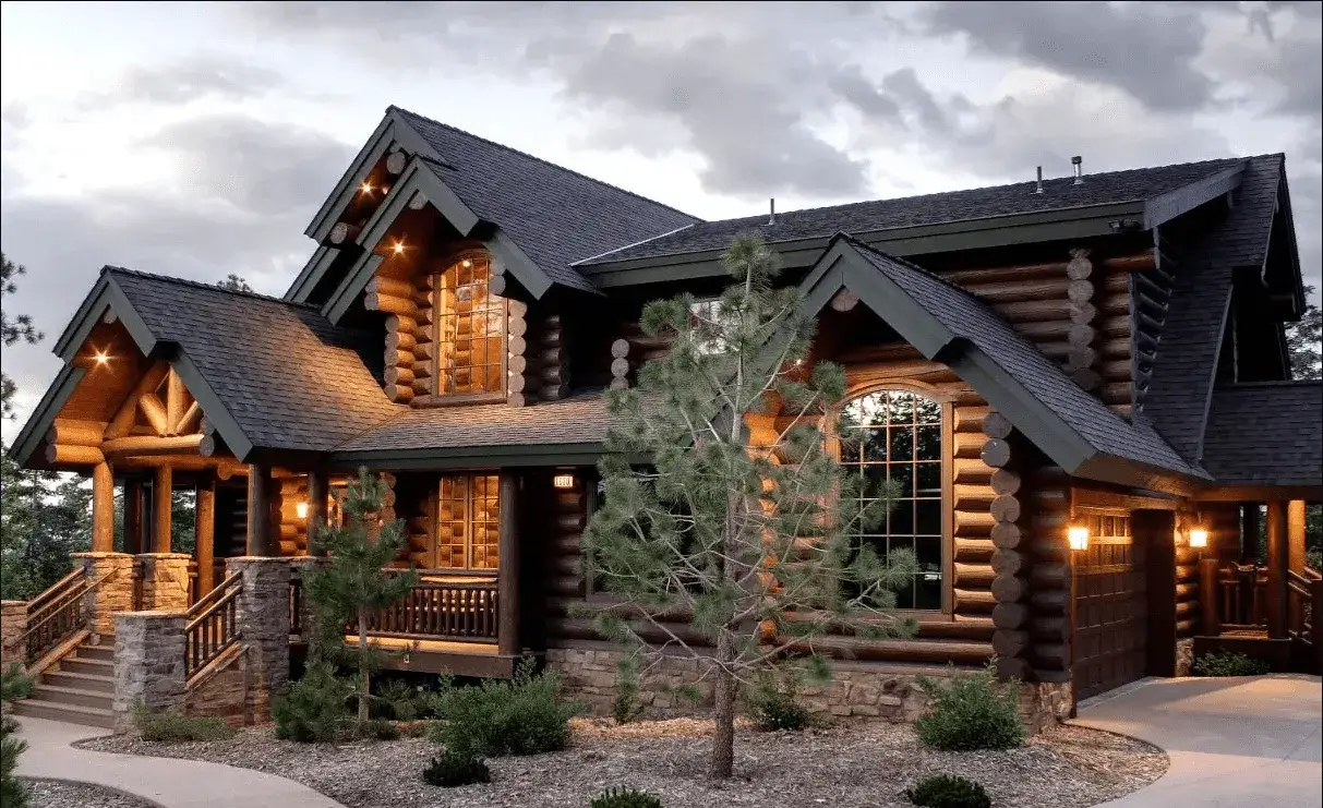 A finished two story log home at dusk, window light on the log walls.