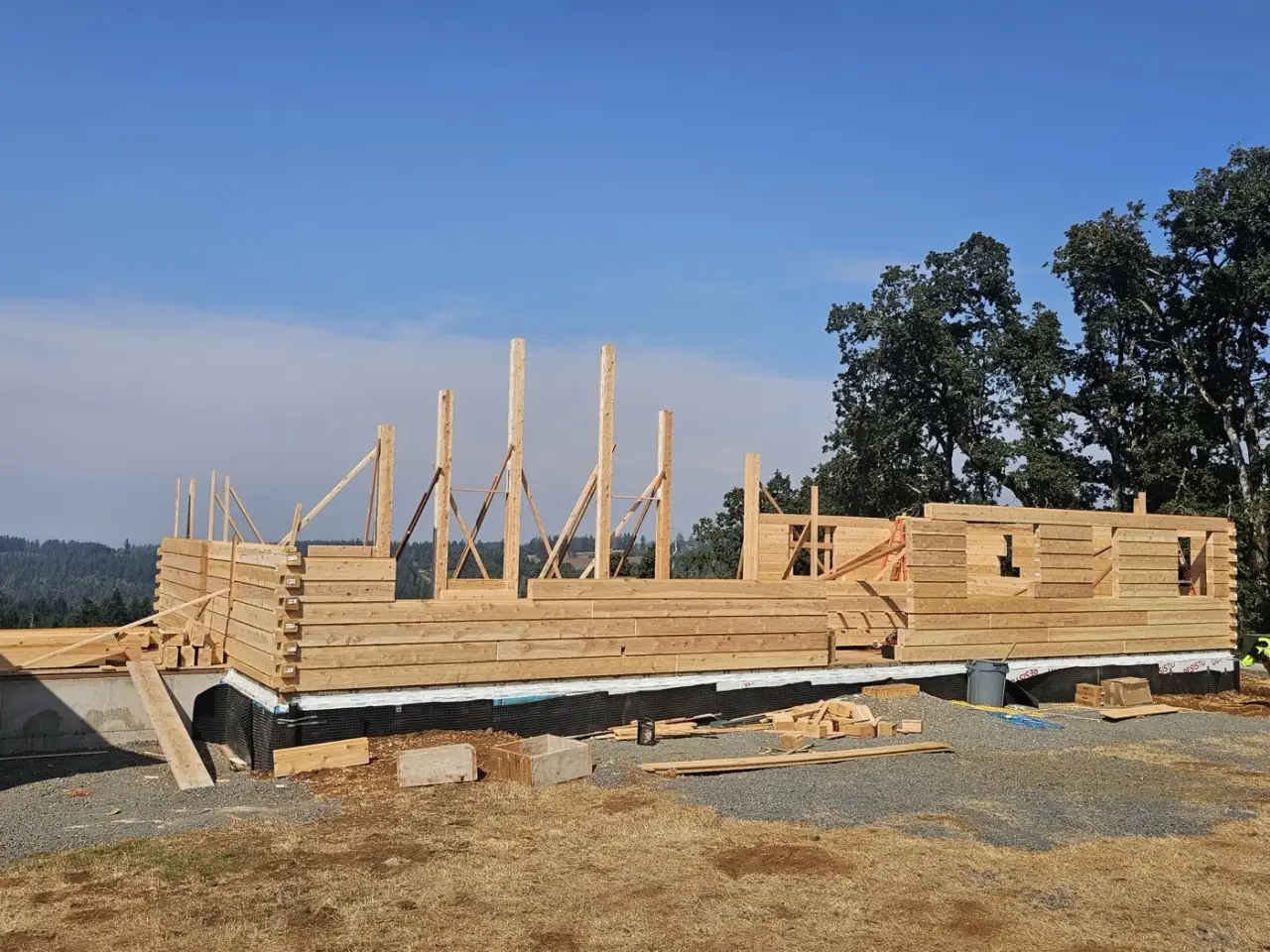 A long run of milled log wall with braced posts and window openings set.